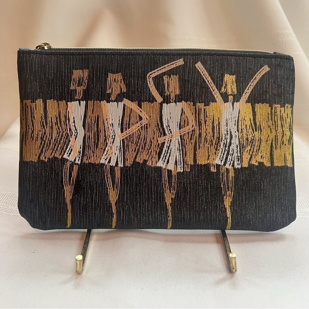 💄3/$12💄5/$15 ipsy Makeup Bag Black Gold Textured Vinyl Dancing‎ Lady EUC